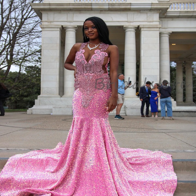 Full Sequined Pink Prom Dress With Rhinestone Mermaid Sparkly Evening Dress Beaded Black Women Formal Birthday Party Dress 2025 African Bespoke Occasi