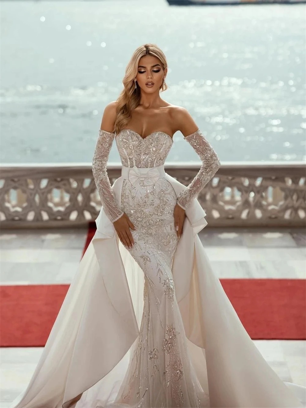 urious Mermaid Wedding Dress Sweetheart Neck Removable Sleeves Bridal Gowns Appliques Sequins Detachable Train Dresses Custom Made vestidos de novia