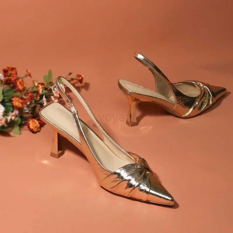 Golden Pleated Sexy Wens Sandals Pointed High Heeled Fashion Banquet Shoes Z250326