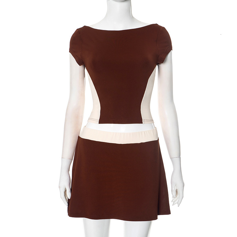 2025S Fashion Designer Y ST Women S Spring Summer Color Contrasting One Piece Collar With Headless Back Elastic Waist A Line Skirt And Pants Set
