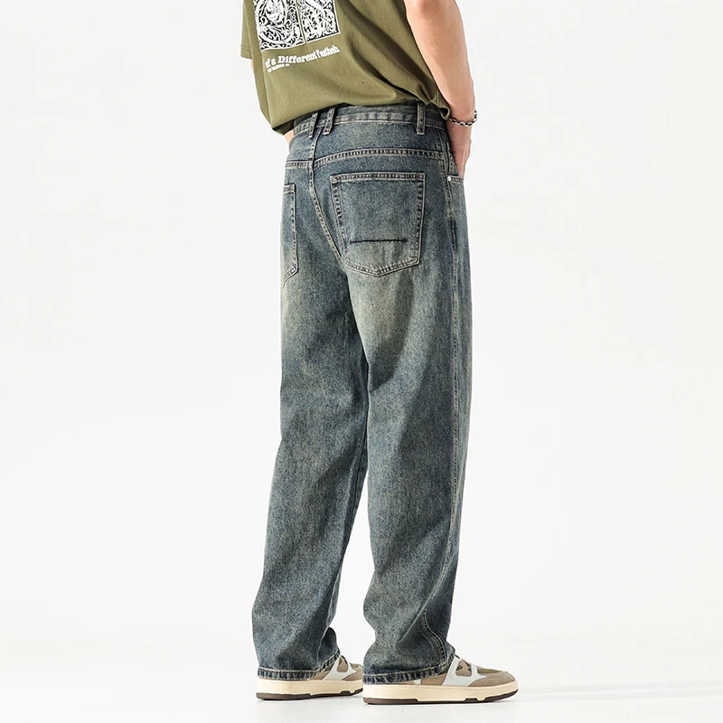 Wide leg jeans mens pocket pants summer straight cut loose fit vintage blue streetwear fashionable pockets clothing 250326