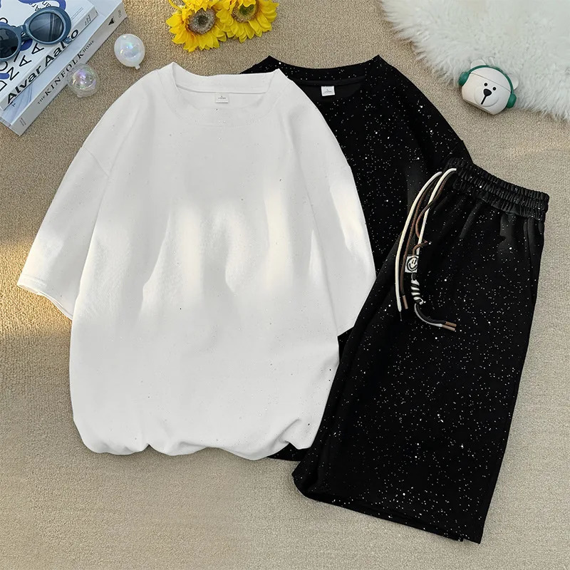 Short sleeved suit mens fashion diamond O-neck short sleeved T-shirt loose casual high street black drawstring shorts 2-piece set 250324