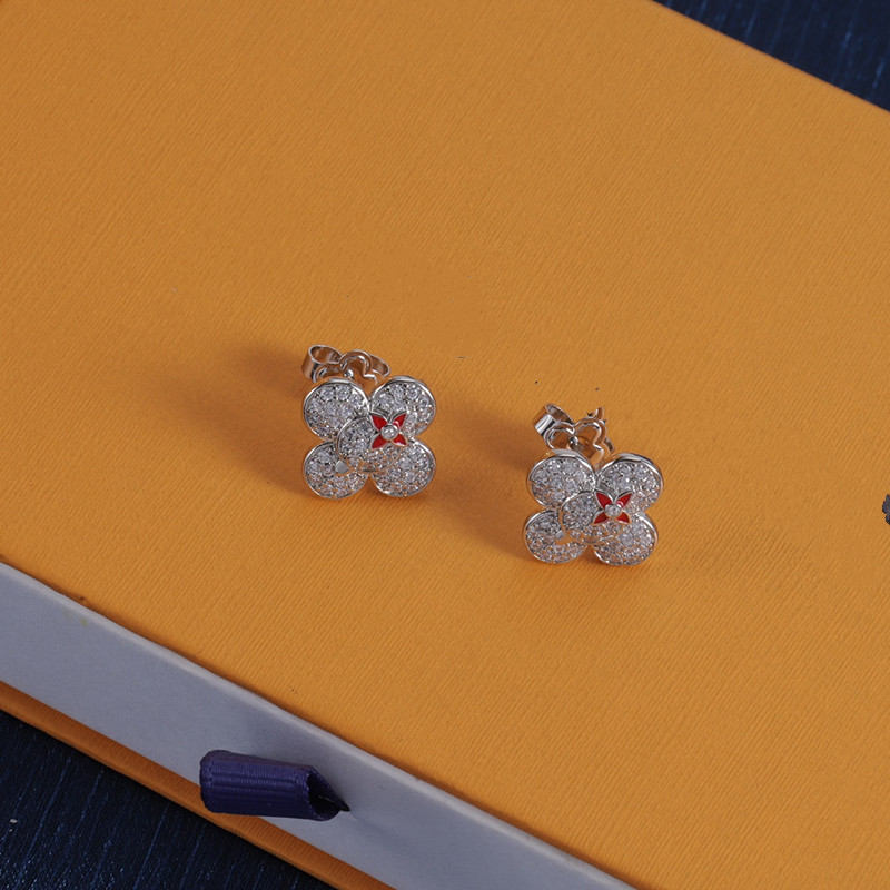 With BOX Luxury Stud Earrings Gold Silver Color Diamond Red Flower Designer Earring For Women Party Wedding Jewelry Gift