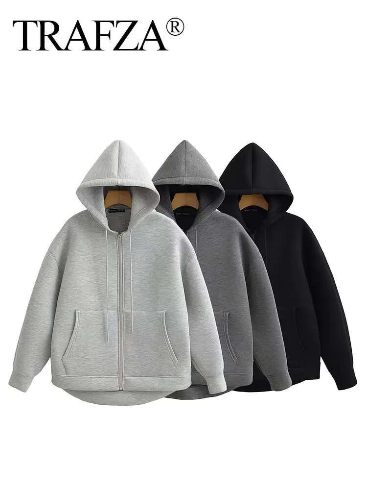 TRAFZA Autumn Women Gray With Hood Long Sleeve Big Pocket Zipper Jacket Woman Loose Casual Outerwear Coat Tops