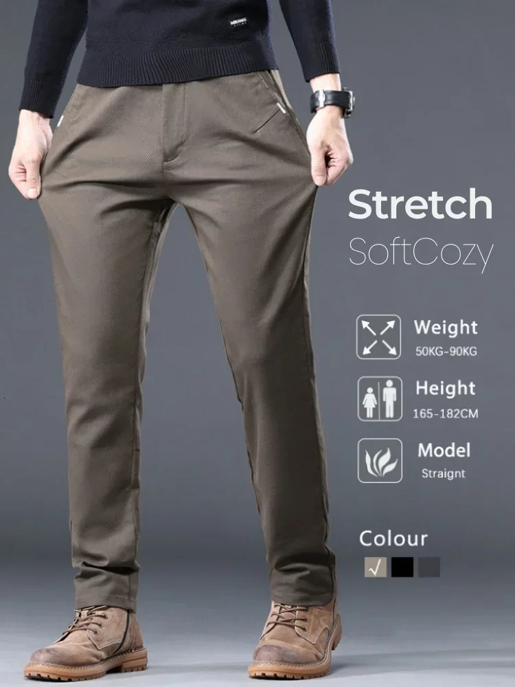 2024 Autumn Mens Elastic Casual Pants Cotton Business Straight Classic Clothing Solid Color 250326