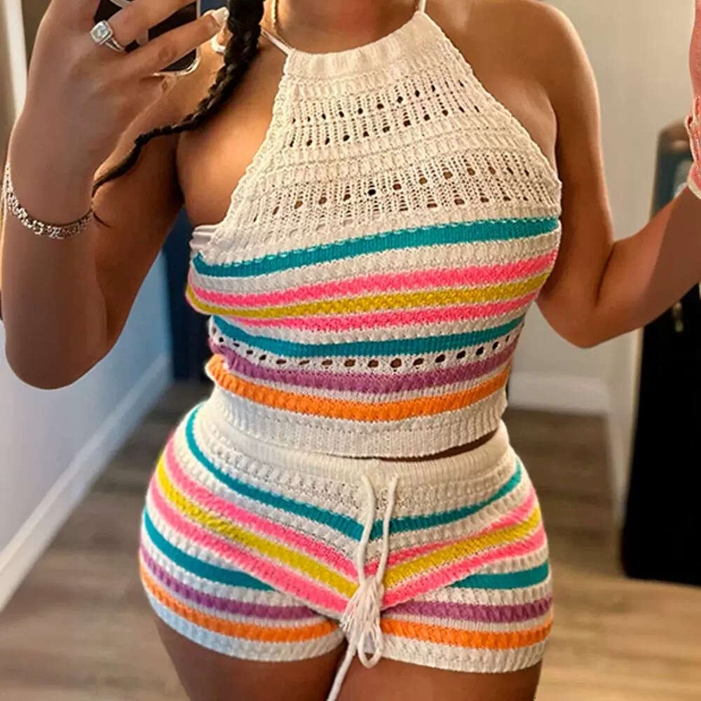 2025 Summer Womens New Sweater Fashion Print Backless Hanging Neck Top Hip Hugging Tight Pants Set Versatile Printing Leisure Time New Product New Arr