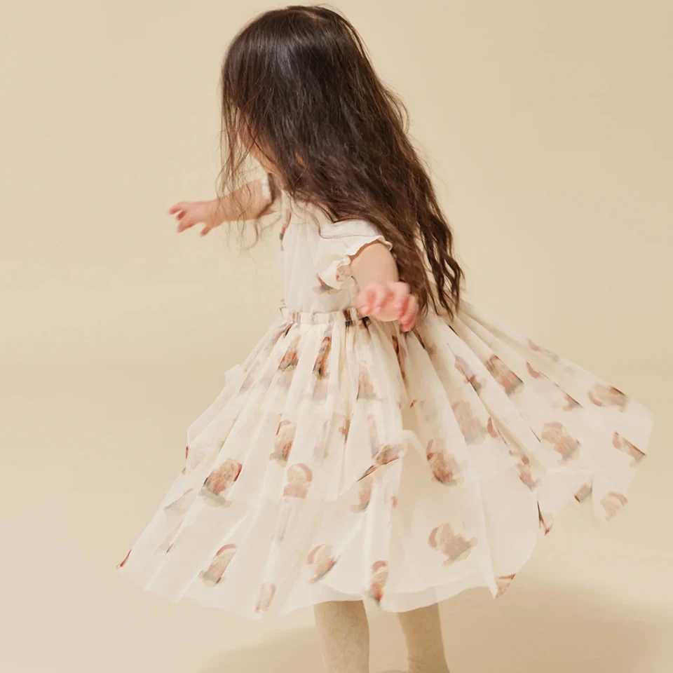 New 2024 KS Childrens Cat Net Dress Christmas Girl Love Glitter Dress Baby Cute Skiing Children Voile Princess Dress Carnival Par W250326
