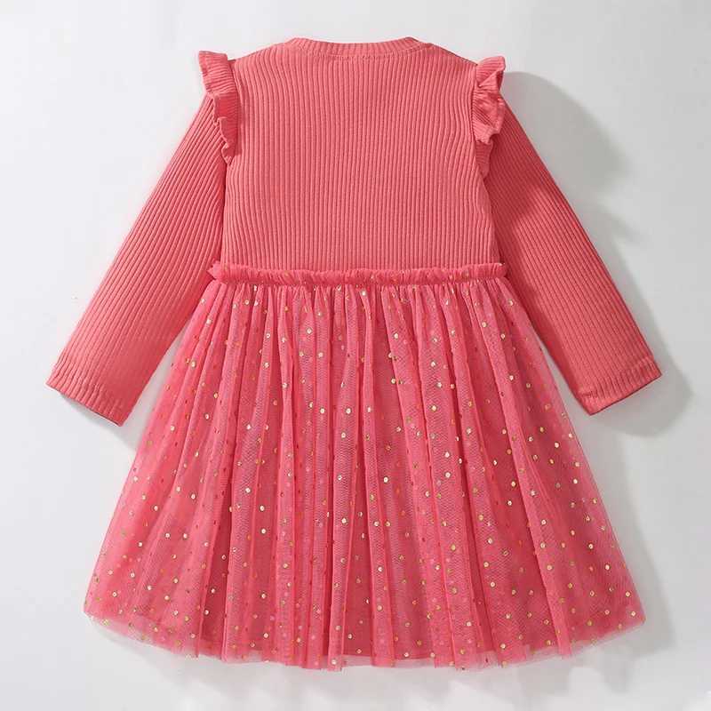 Small fur baby girl childrens clothing childrens clothing 2024 autumn cotton long sleeved rabbit mesh dress 2-7 years W250326