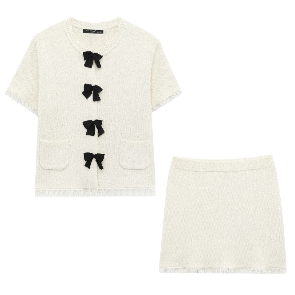 Trafshe Bow Lady Skirt Set Womens Two Piece Elegant Knitted CardiganMini Skirts Clothing 9598038 250318