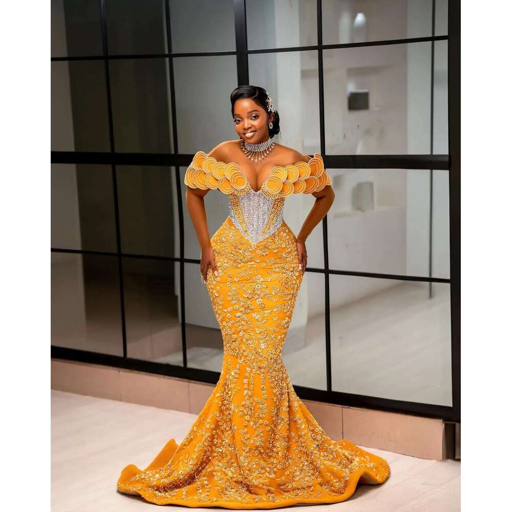 2024 Aso Ebi African Yellow Mermaid Prom Dresses Lace Rhies rals Evening Party Second Engagement Birthday Gowns Dress