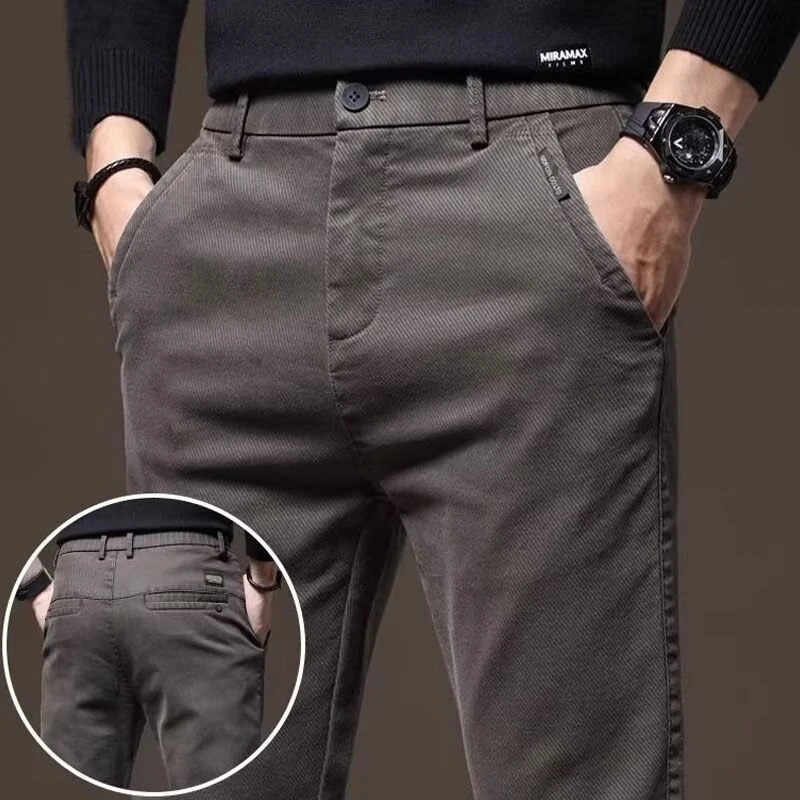 Autumn and Winter Mens Elastic Straight Leg Thick Pants Basic Street Clothing N Casual Daily High Waist 250326
