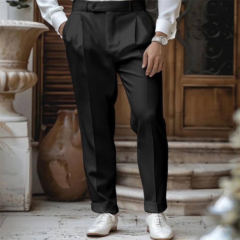 Spring and summer casual breathable set mens Trouser retro solid color loose straight pants mens casual pleated Trouser 250321