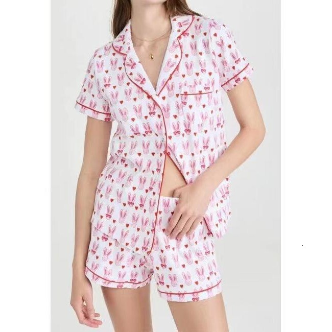 Spring and summer new short sleeved suit style casual printed cardigan women's home wear2025