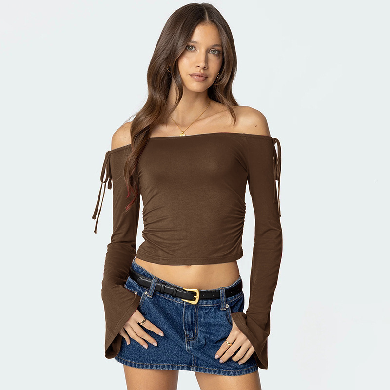 2025S Fashion Designer Q TP Women S Autumn Winter One Word Collar Bow Tie Shrink Fold Short Open Umbilical Top T Shirt