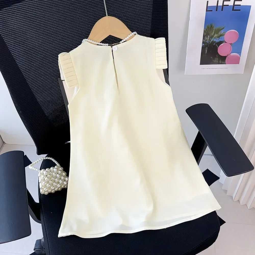 Bear collar sleeves 2-7-year-old childrens wedding birthday Par clothing summer girl princess beige 3D flower bed top W250326