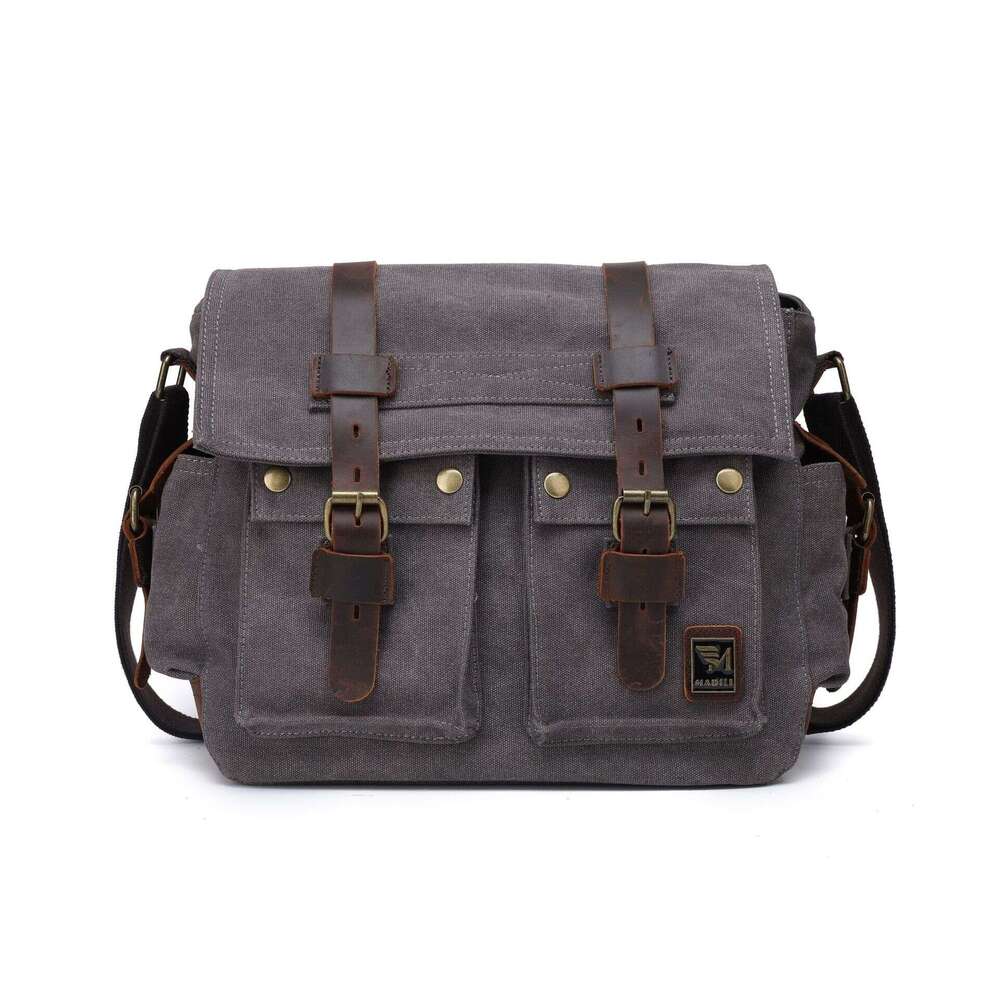 Wind canvas with crazy horse leather men's shoulder bag, unisex versatile casual bag
