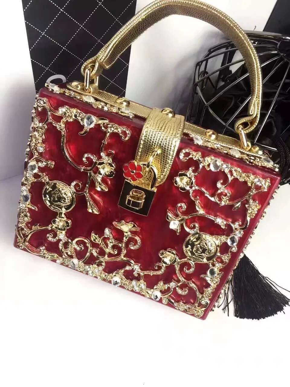Acrylic Banquet Bag, Hollow Metal Carving With Dia Inlay, Handbag, Single Shoulder, Slng Back For Ladies
