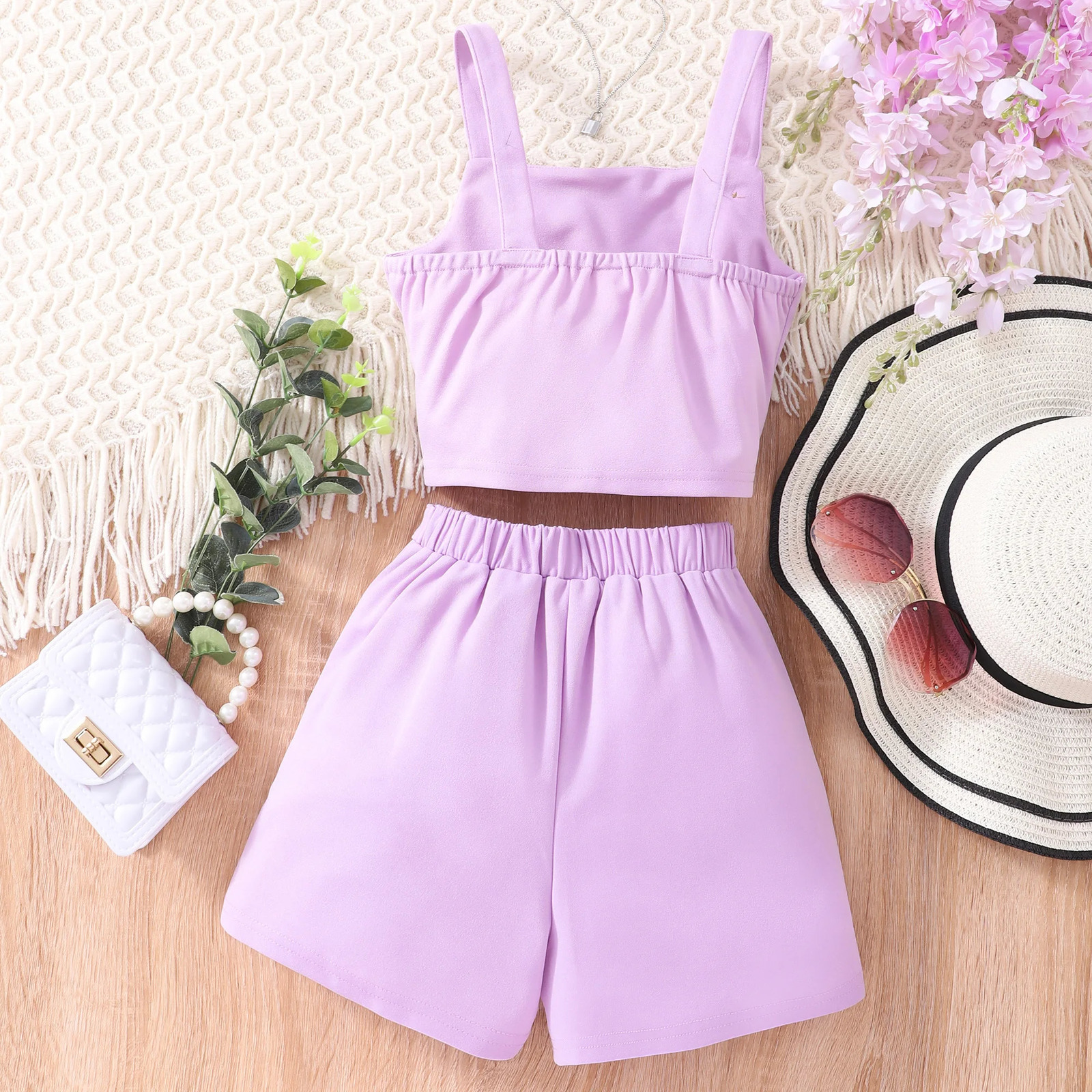 Girls Set 7 8 9 10 11 12 Years Old Summer Minimalist Sleeveless Strap Shorts Suit Casual Teen Outfit Kids Girl Clothes 250326