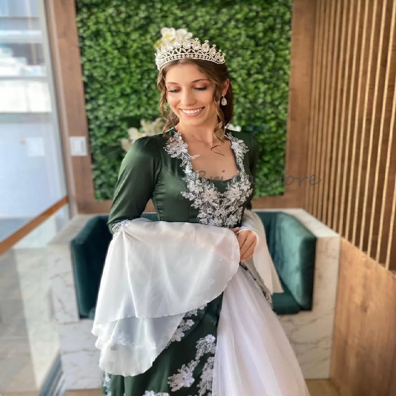 Traditional Green Moroccan Evening Dress With White Lace Elegant Muslim Middle East Prom Dress Long Sleeve Abaya Party Vestio de Gala Dubai Formal Occ