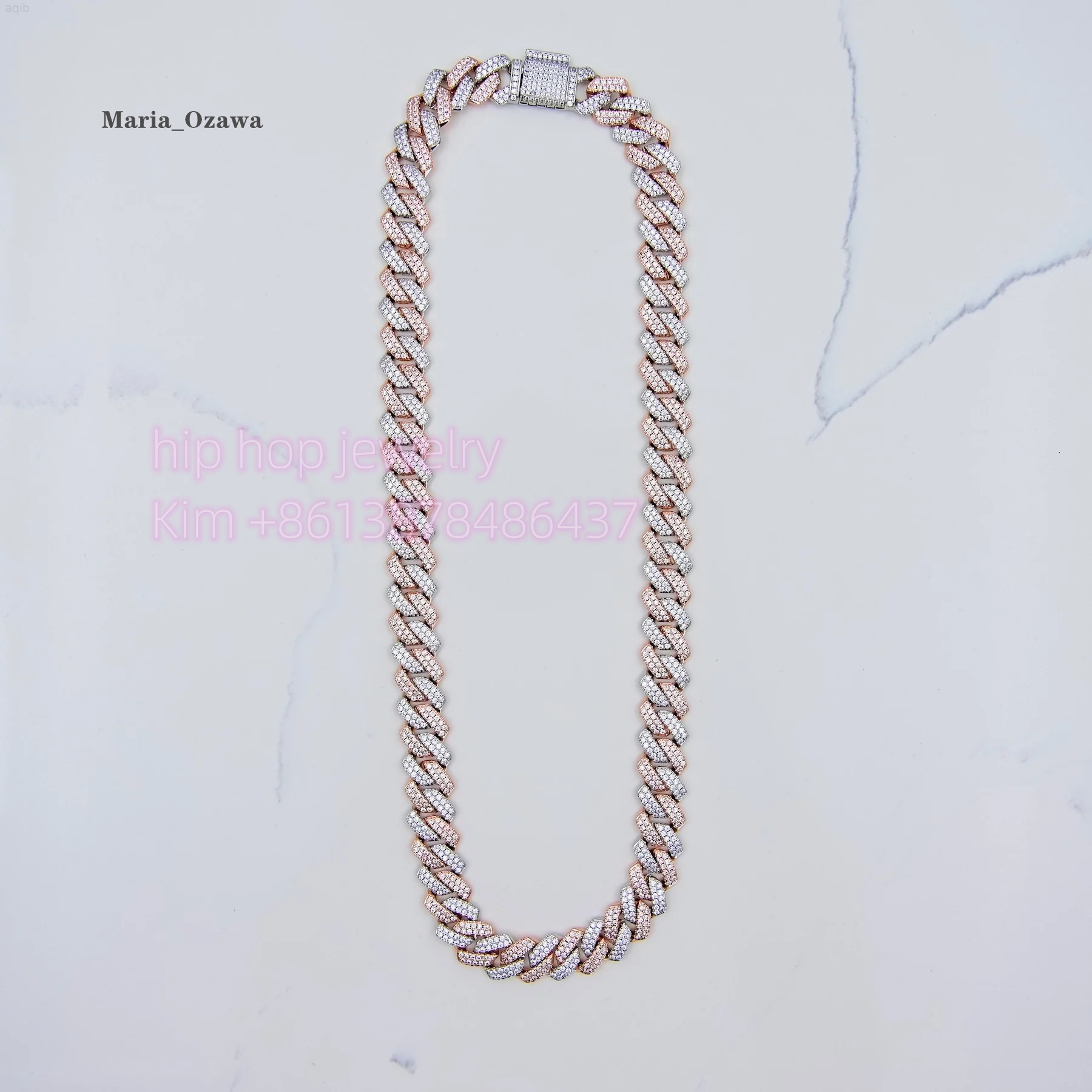 Hip Hop Jewelry Custom 2rows 14mm Prong Cuban Chain Trendy 2 Tone 925 Silver Moissanite Diamond Cuban Necklace