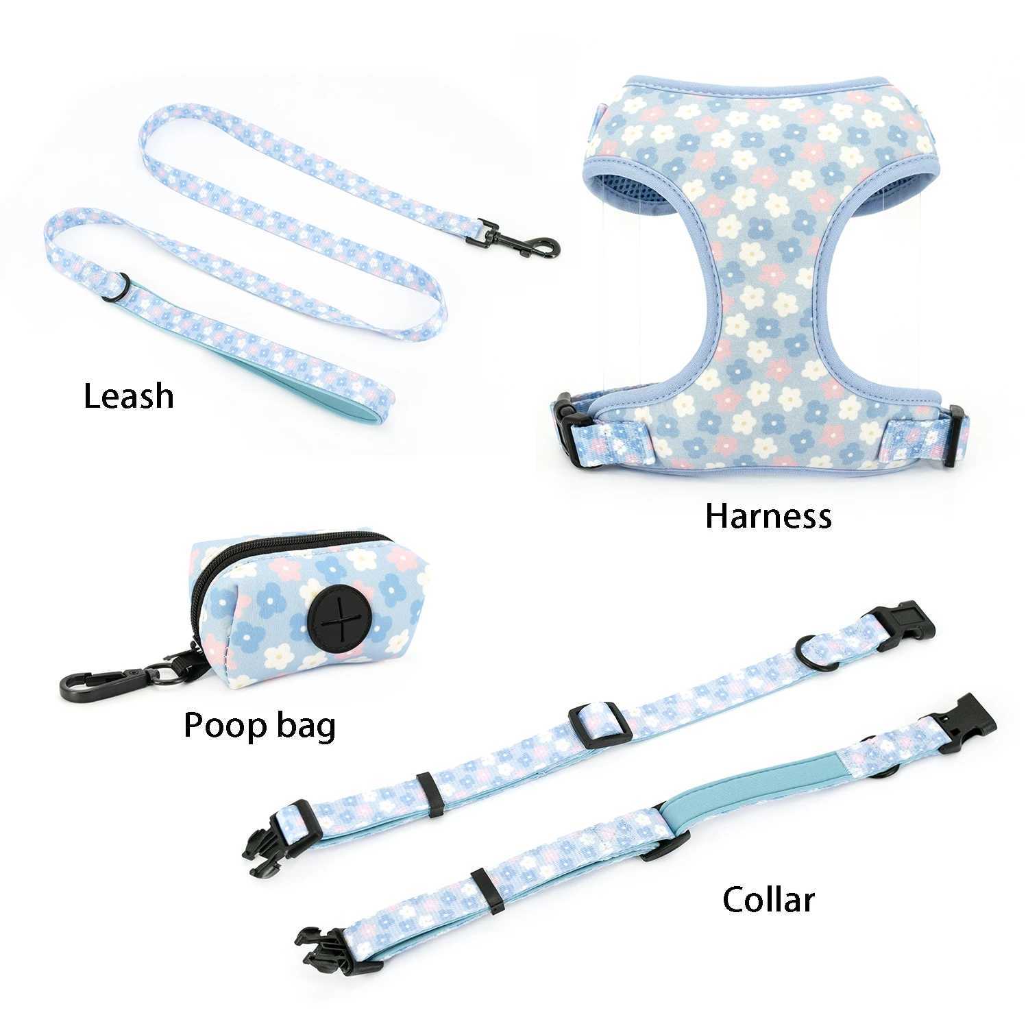 Adjustable pet dog collar durable soft and cute creative color blue flower belt chloroprene rubber safety belt poop bag dispenser X250326