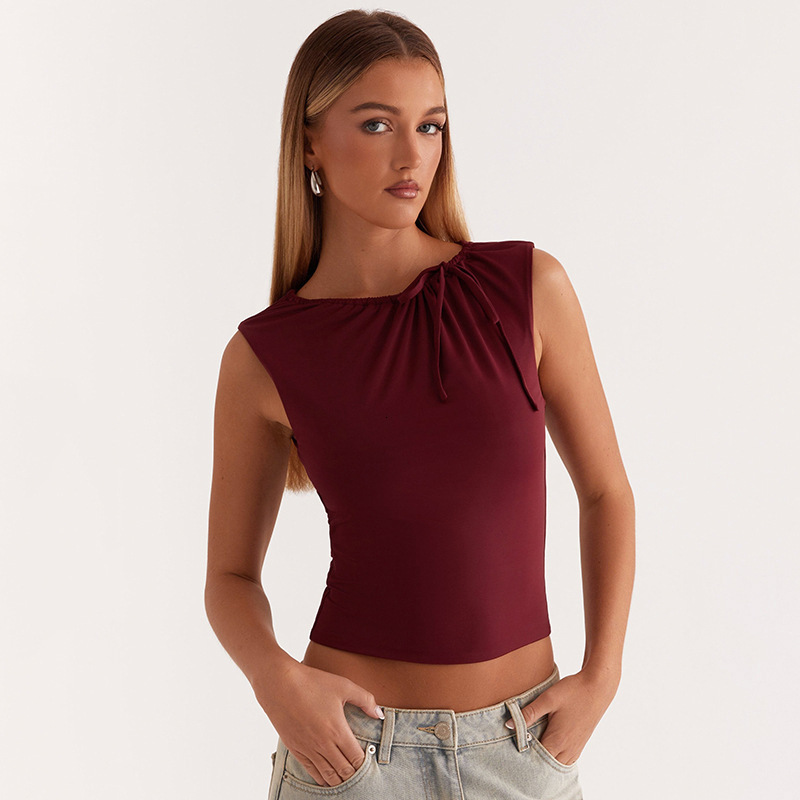 2025S Fashion Designer Y TP Women S Autumn And Winter Round Neck Pullover Solid Color Pleated Drawstring Strap Exposed Navel Top T Shirt