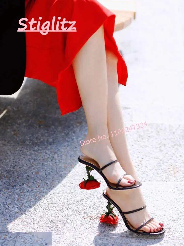 Rose High Heel Slippers 2024 Round Toe Solid footwear Elegant Comfortabl Outsize Casual Shoes