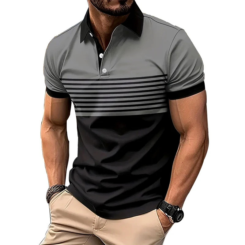 Mens summer slim fit short sleeved sports collar polo shirt mens business casual button 3D digital printing 250326