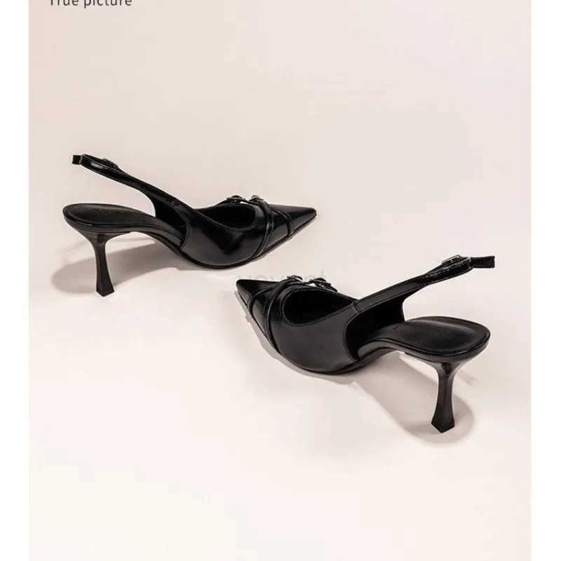 Fashionable Pointed Toe Shallow Mouth New High-heeled Shoes Summer Elegant Buckle Decorated Stiletto Black Wens Shoes NO 602 Z250326