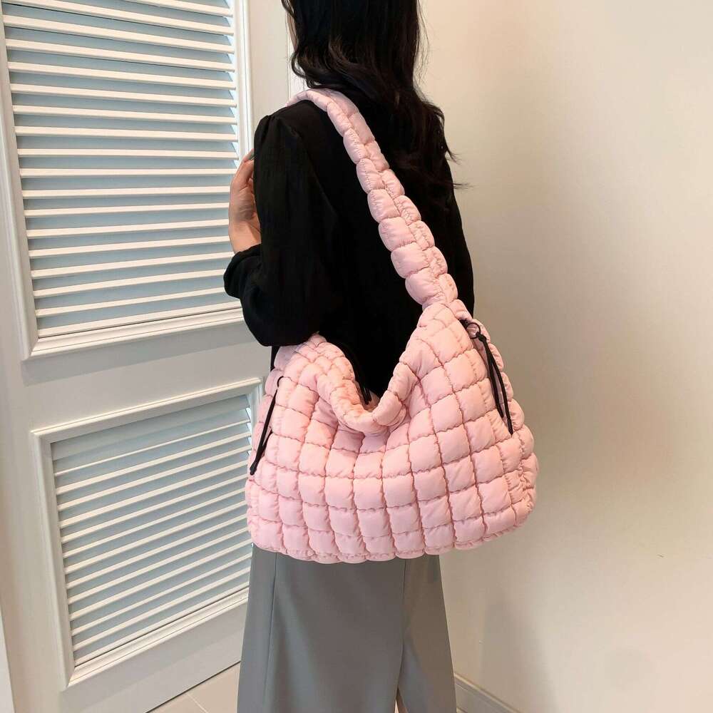 07 Folded Cloud Women's Fashionable One Shoulder Crossbody Double Side Pull Capacity Down Cotton Coat Tote Bag