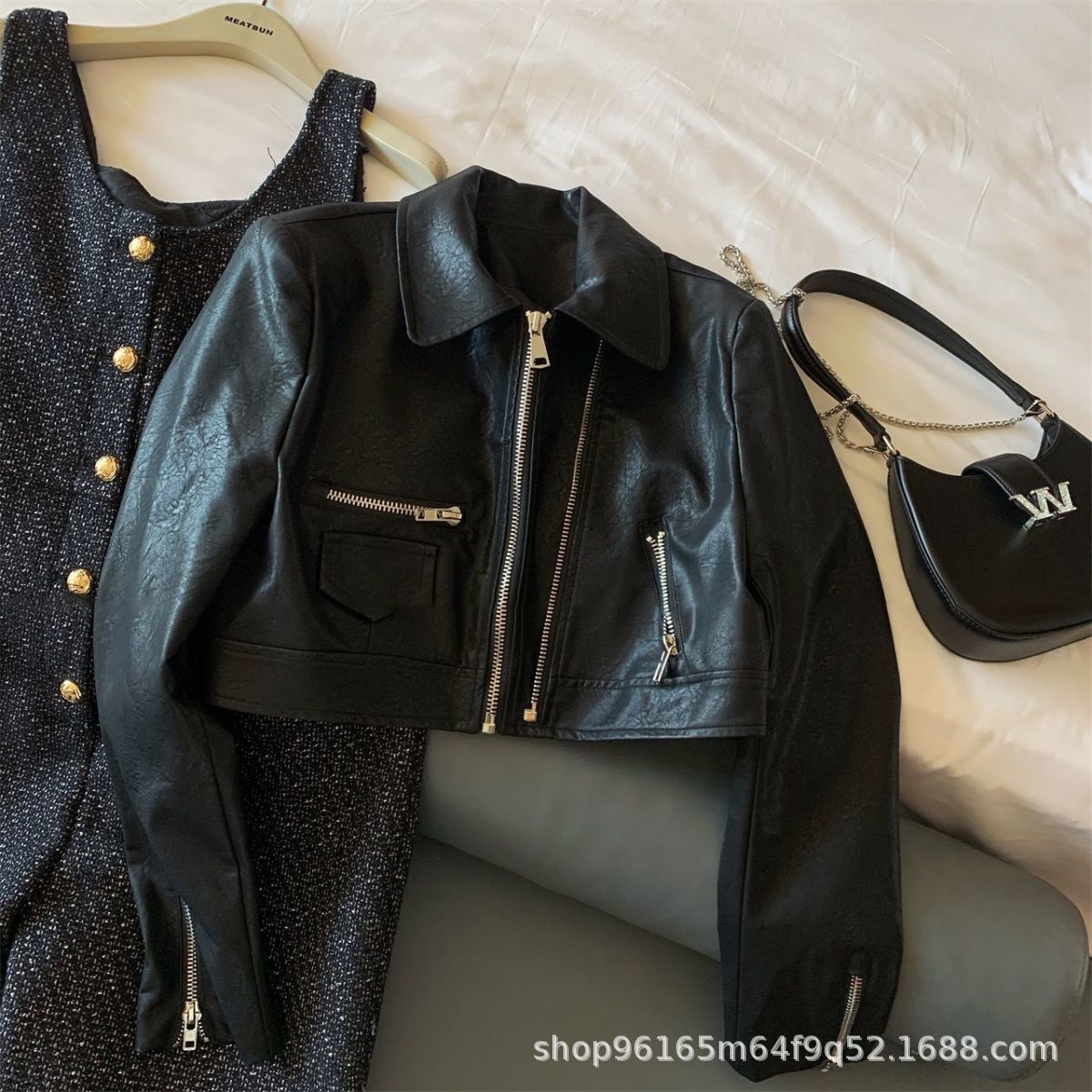 American trendy motorcycle suit slim fit short women's double zipper washed explosive street versatile PU leather jacket