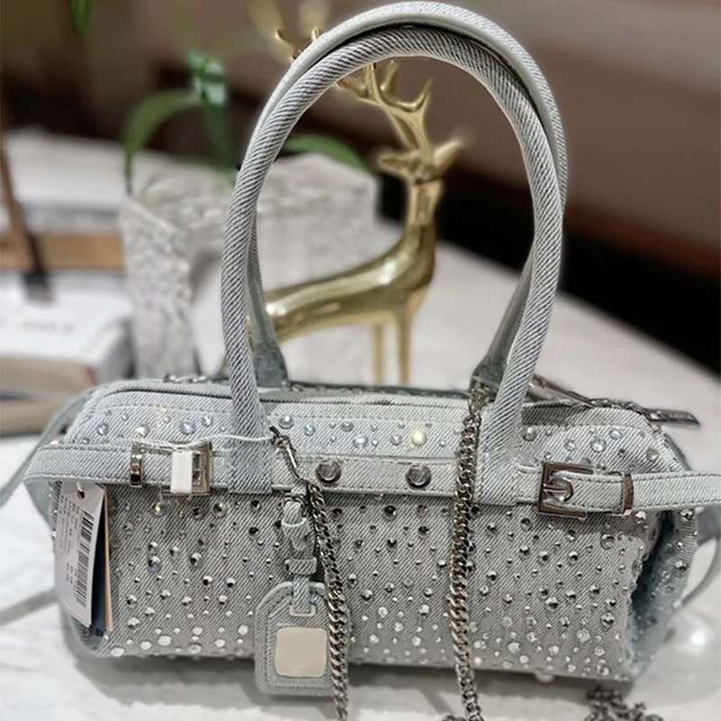 Trendy Rivets Decor Boston Hand Women Y2k Motorcycle Style Denim Clutch Bags Ladies Vintage Fashion Shoulder Underarm Bag