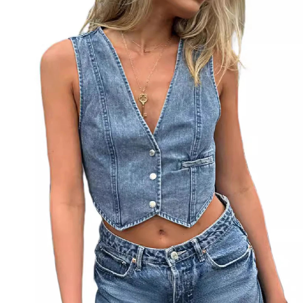 Mia Muse Denim Vests Fashion Daily Single Breasted Bright Line Decoration Sleeveless V-Neck Casual Vests For Women 250320