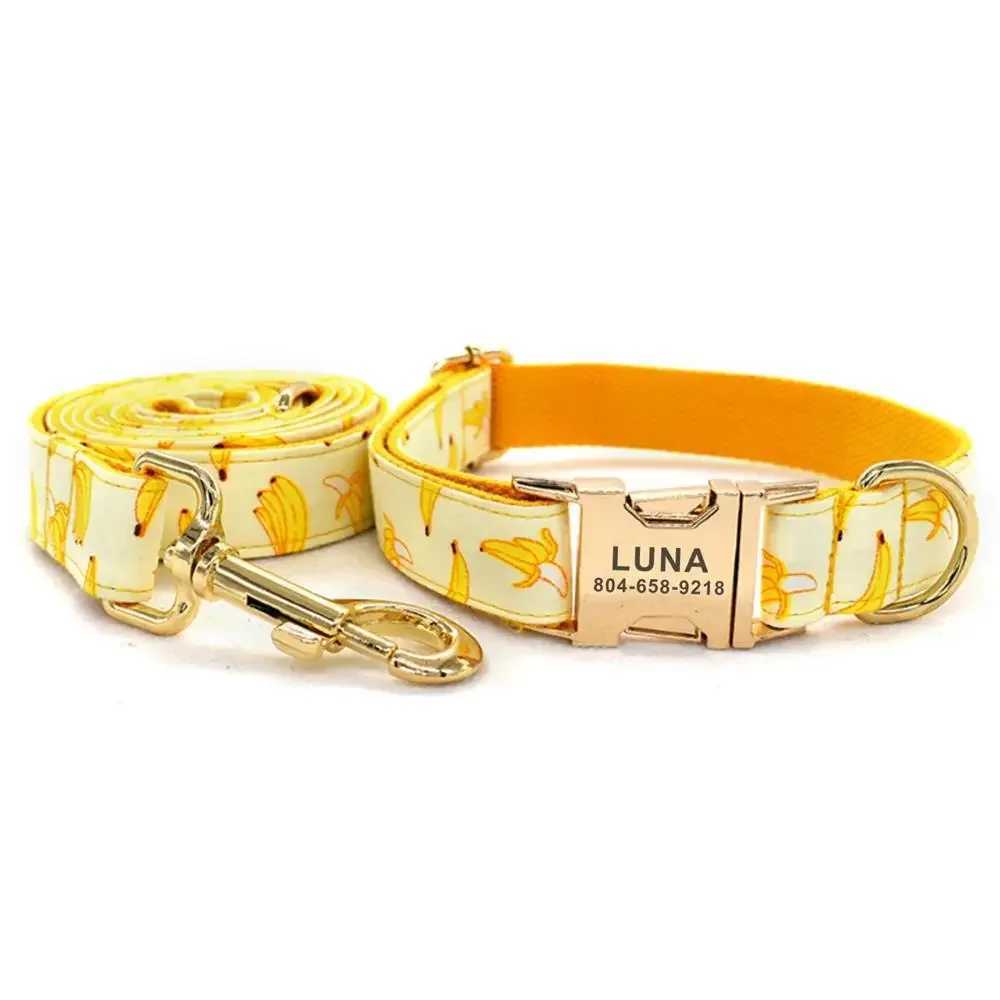 Personalized Banana Pet Collar Puppy Cat ID Label Adjustable Custom Name Gold Plated Buckle Orange Basic Dog Collar Belt X250326