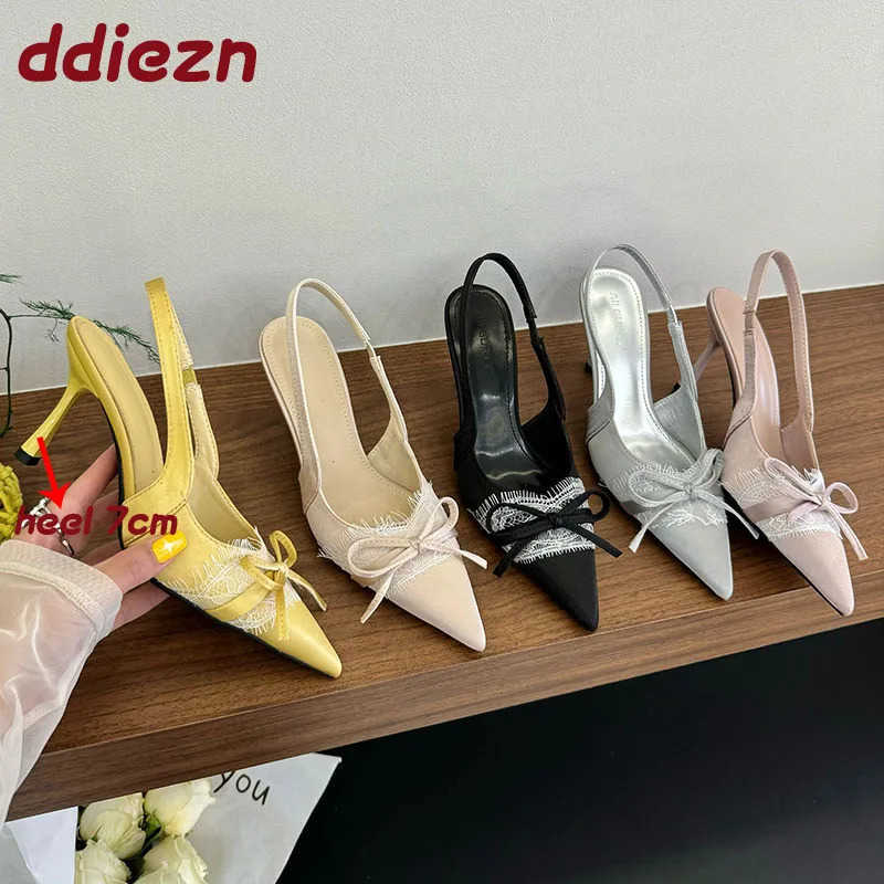 Elegant Wen 7CM H Sandals Shoes Fem Pointed Toe Footwear Fashion -Knot Ladies High H Sandals Shoes Pumps Z250326
