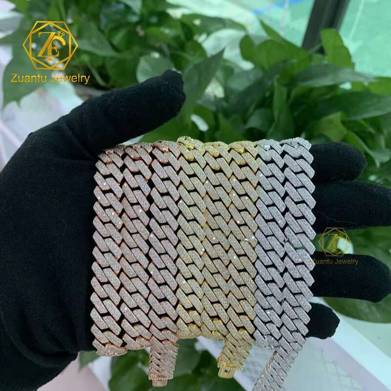 10MM Moissanite Cuban Chain Fast Shipping Round Brilliant Cut Silver Plated 10k 14k Solid Gold Cuban Link Chain for Men Women