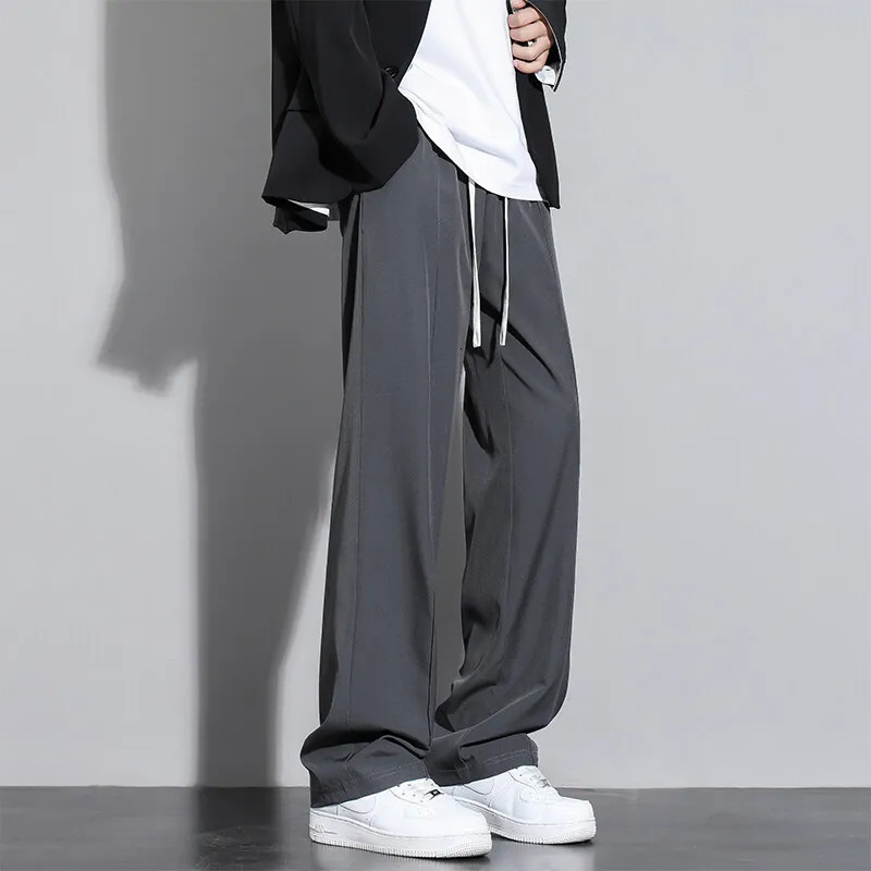Mens casual straight pants loose elastic waistband Korean classic blue black gray mens Trouser Plus size 250326