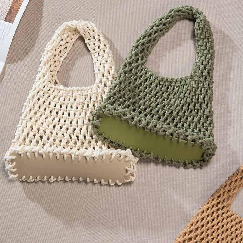 Pouch Candy Colored Makeup Bag Hand Woven Cotton Rope Handbag Tote Bags Knitting Crochet Womens Hollow Mesh Bag Side Bag 250325