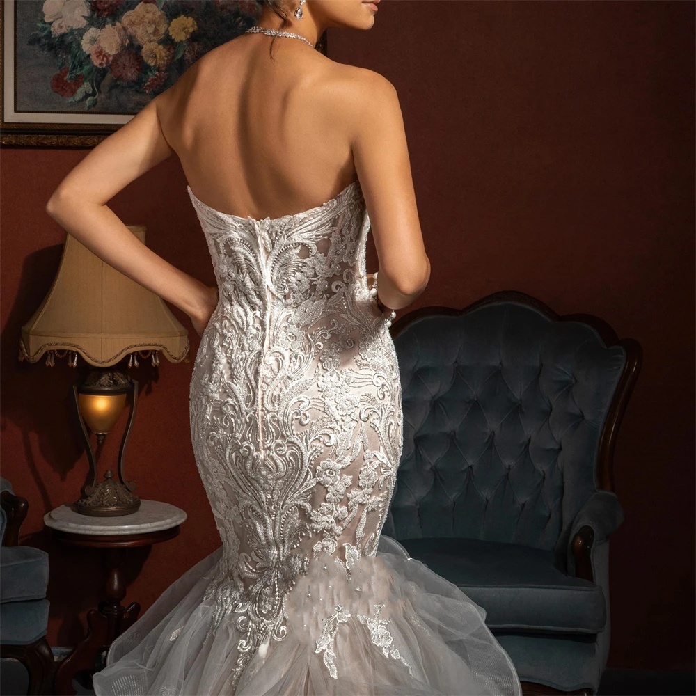 Gorgeous Mermaid Wedding Dress Sweetheart Neck Sleeveless Backless Bridal Gowns Appliques Lace Sweep Train Dresses Custom Made vestidos de novia