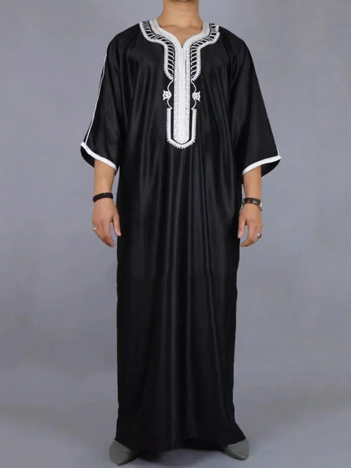 Islamic Loose Abaya Mens Muslim Abaya Short Sleeve Embroidered Moroccan Arabic Style Traditional Abaya for Men 250326