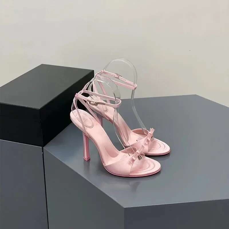 New Summer Bow Satin Feminine Rhie Letters, Stiletto Heels, Open-Toe Sandals, Black Pink Womens Shoes Sandals