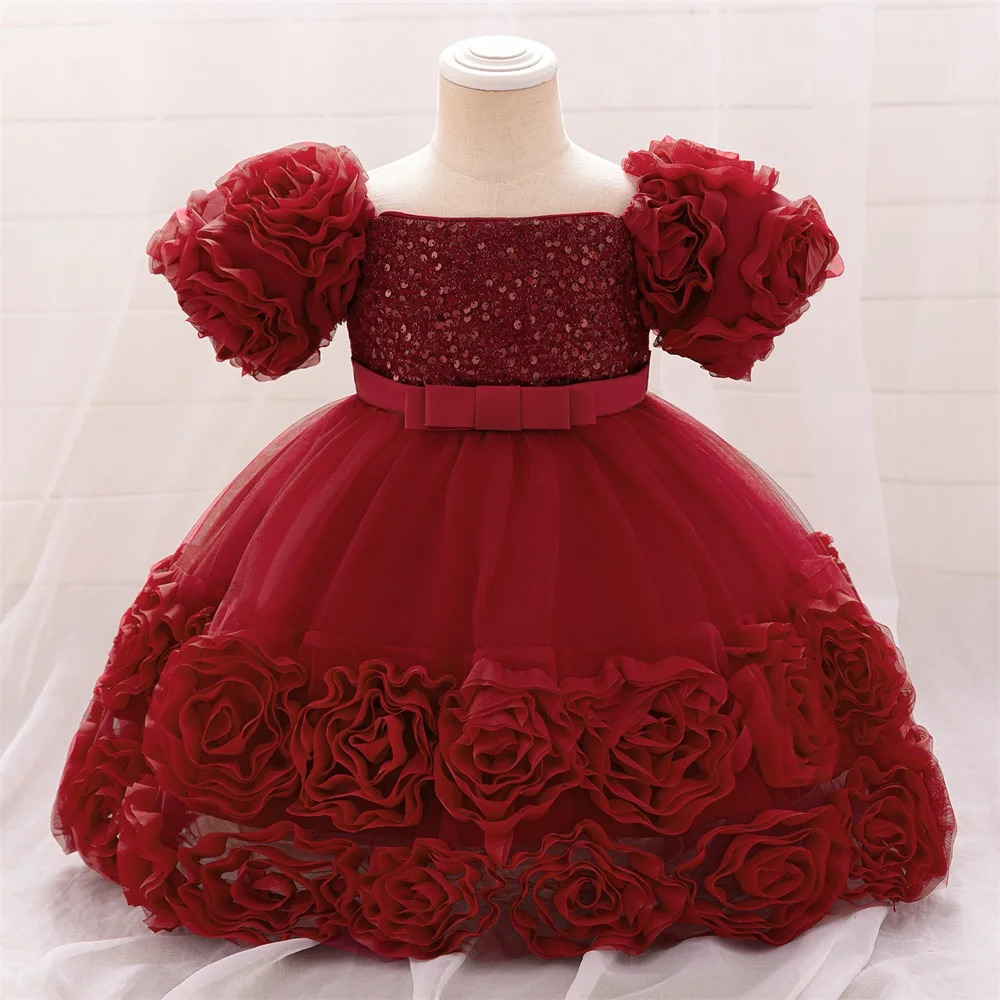 Baby Girl Sequin Flower Dresses Christmas Wedding Lace 1st Birthday Party Dress for Kids Toddler Children Formal Evening Costume 250325