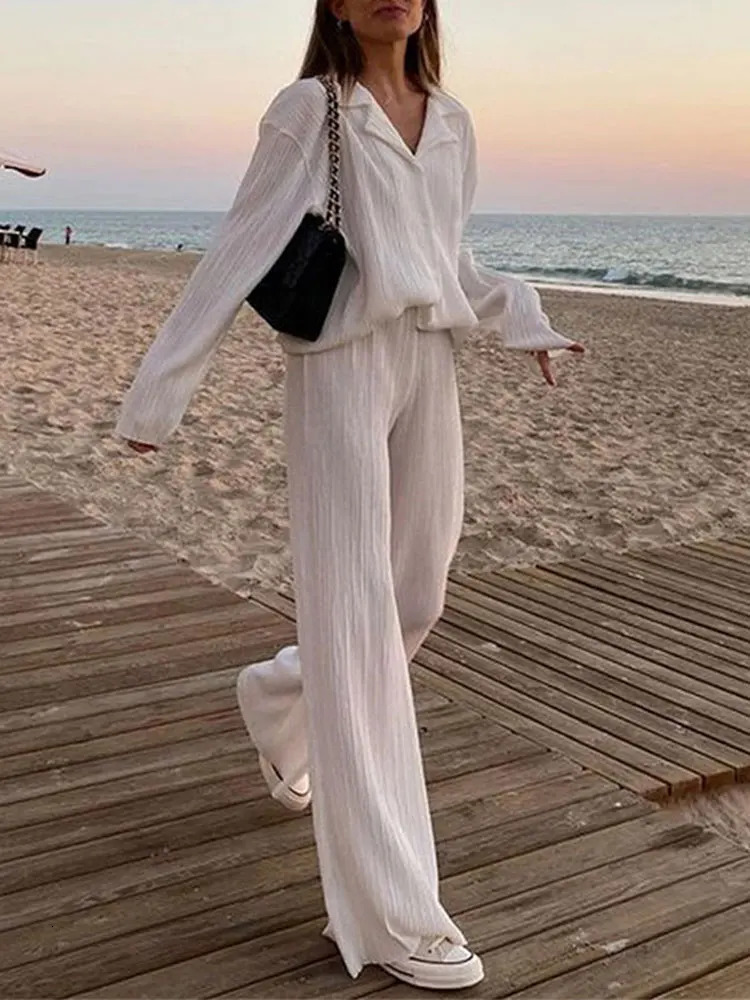 Spring womens shirt pleated two-piece loose high waist wide leg pants set casual and elegant office womens clothing 250321