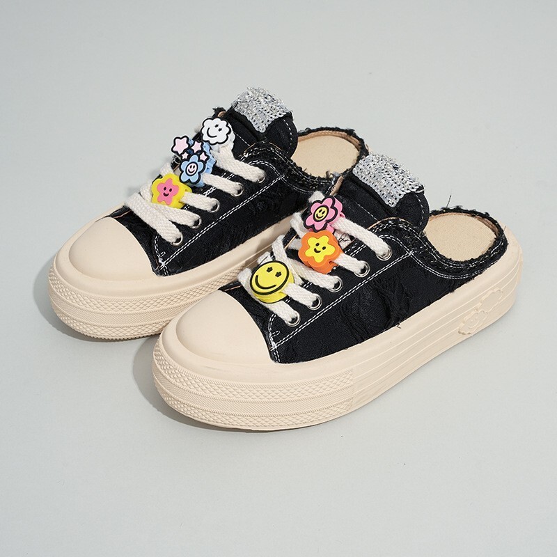 Designer Shoes 2025 Summer New Women's Flower Canvas Shoes Thick Soled Height Increasing Baotou Inlaid Diamond Cloud Smiling Face Women's Ha