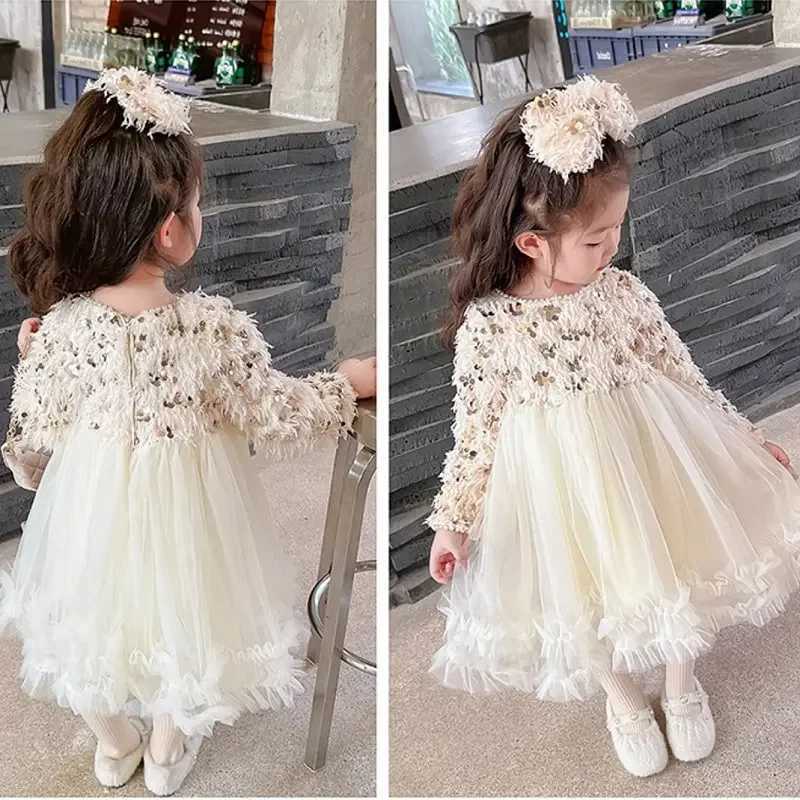 Childrens clothing girl dress 2023 winter new childrens plush and thick princess dress bow as a gift W250326
