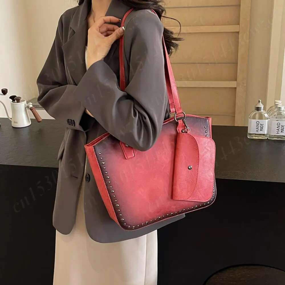 Tote Women W/Rivet Shoulder PU Leather Vintage Purse And Handbag Large Capacity Satchel Bag For Work Travel