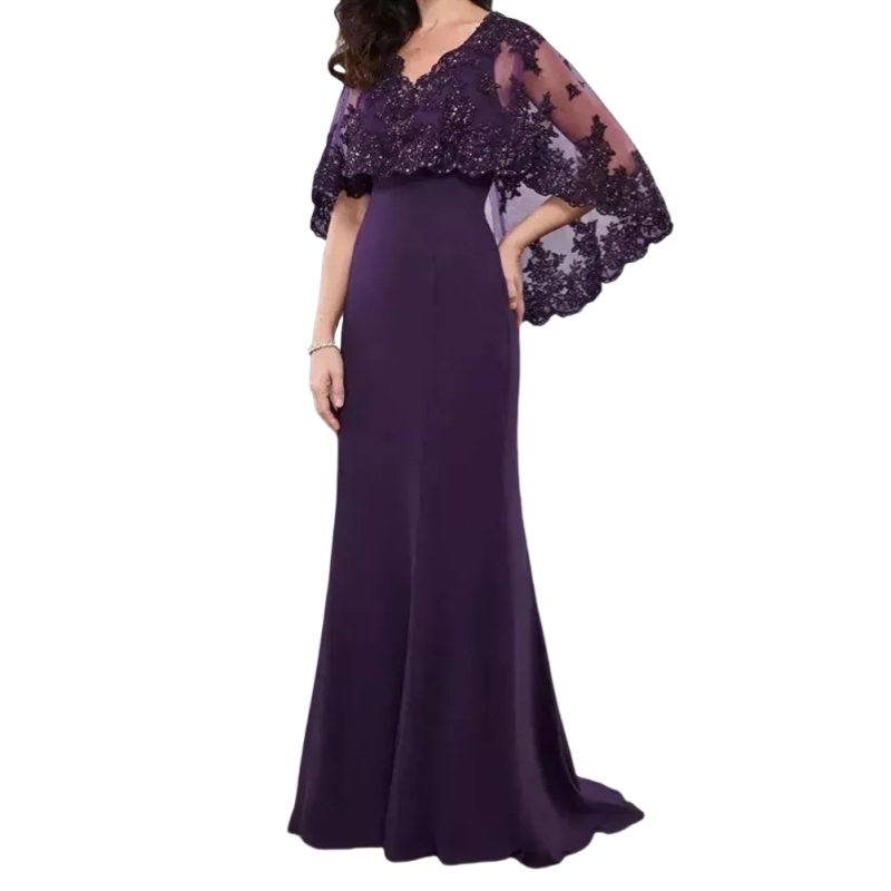 Elegant Long Mother Of The Bride Dresses Cape Sleeves Lace Appliques V-Neck Wedding Guest Gown 2025 Formal Party Prom Evening Dress For Women