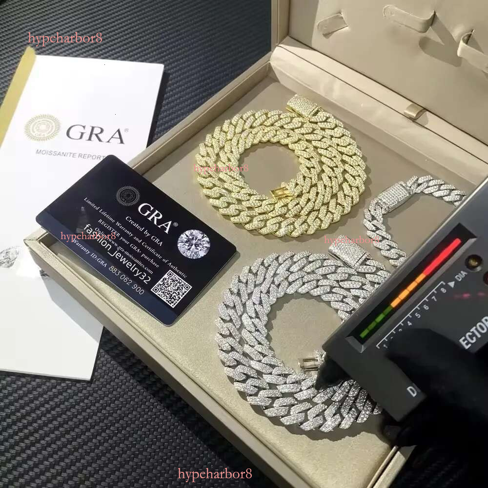 fashion Cuban chain bracelet designer necklace sterg sier GRA Certificate hip hop 15mm double row iced out moissanite chains dia cuban k with box