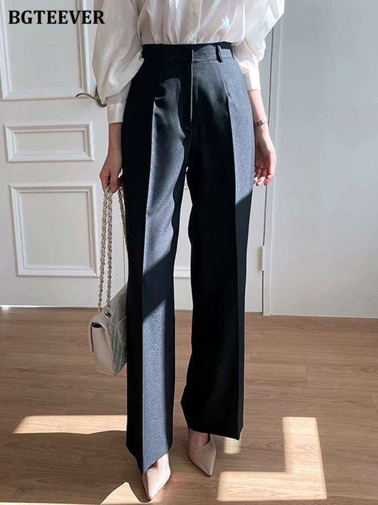 BGTEEVER Elegant High Waist Pockets Wide Leg Suit Pants Women Spring Autumn Loose Solid Straight Trousers Female