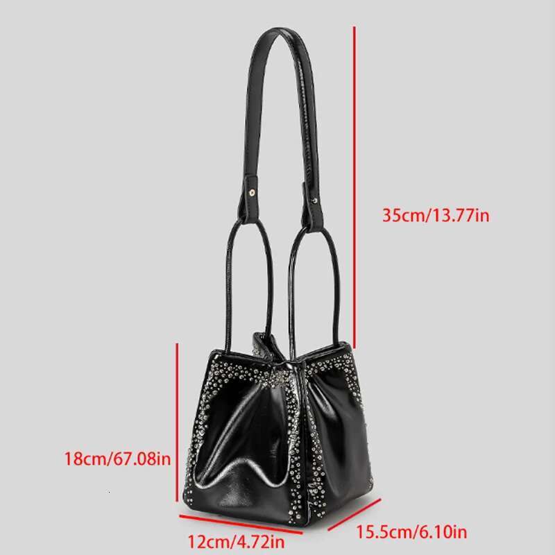 Fashion Retro Bucket Rivets Studs Tote Women Box Handbag Casual Shoulder Fold Bag Shopping Crossbody Female Purse